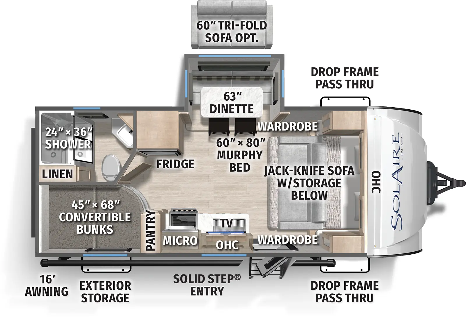 The SolAire Ultra Lite 2085BHS floorplan has one entry and one slide out. Exterior features include: fiberglass exterior and 16' awning. Interiors features include: bunk beds and front living.